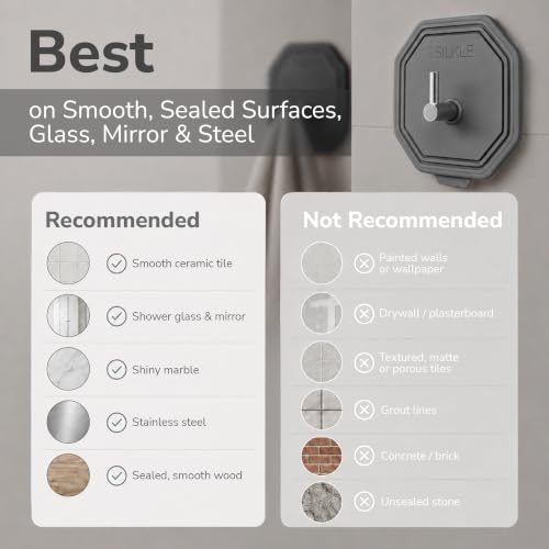 SILKLE Silicone Shower Hooks for Inside Shower, 2-Pack Adhesive Towel Hooks | Adhesive Shower Hooks, No Drill - Razor & Loofah Holders for Shower Wall, Heavy-Duty, Waterproof, Damage-Free - Gray - color: Gray