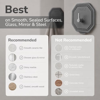 SILKLE Silicone Shower Hooks for Inside Shower, 2-Pack Adhesive Towel Hooks | Adhesive Shower Hooks, No Drill - Razor & Loofah Holders for Shower Wall, Heavy-Duty, Waterproof, Damage-Free - Gray - color: Gray