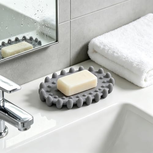 1Pc Light Gray Silicone Soap Dish, Self-Draining Non-Slip Soap Saver Pad, Quick Dry Bar Soap Holder Tray for Bathroom, Shower, Kitchen Sink, Bar Toilet, Easy Clean - color: Light Gray