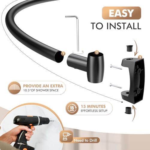 Curved Shower Curtain Rod for Bathroom, 40-72 Inches Adjustable Shower Rod | Rustproof Shower Curtain Rod with Rotating Brackets for Extra 30% Large Shower Space, 0.9MM thickness, Need to Drill, Black - color: Black