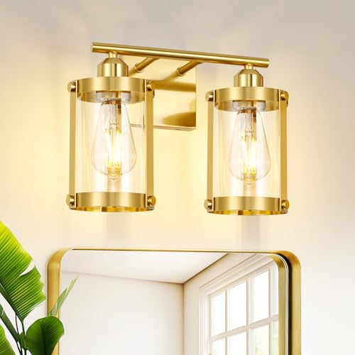 2-Light Brushed Gold Bathroom Light Fixtures, 13.8 Inch Modern Bathroom Vanity Lighting Fixtures Over Mirror with Clear Glass and Metal Cage Wall Sconce Lights for Bath, E26, OS-3014BG-2W - color: Gold + Clear Glass, size: 2-Light, 13.8" L