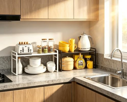Expandable Cabinet Shelf Organizer Riser for Kitchen Pantry Cupboard Under Sink Countertop,Kitchen Cabinet Shelf 8.3’’D * 12.2-23.6’’W * 10.4’’H - color: White(2 Pack)