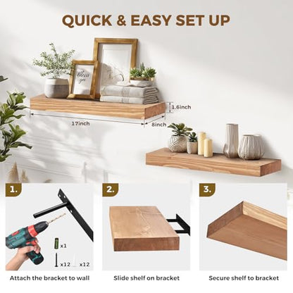 Solid Wood Floating Shelves, 17 Inch Wall Shelves, Set of 2, Oak | 8 Inch Deep, 1.6 Inch Thick, Extra-Wide Display Space, Mounting Hardware Included, For Kitchen, Bathroom and Living Room - color: Oak, size: 17x8x1.6