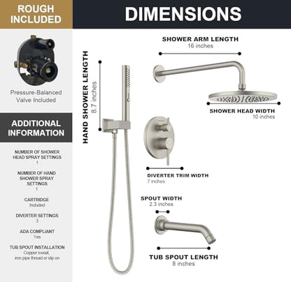 Lava Odoro Modern Rain Bathtub and Shower Faucet Set, SF104-BN-T | 3-Setting Round Bathtub Shower Faucet, Shower System with Tub Spout, Bath Shower Valve Trim Kit, 10 Inch, Brushed Nickel - color: Brushed Nickel, style: With Tub Spout