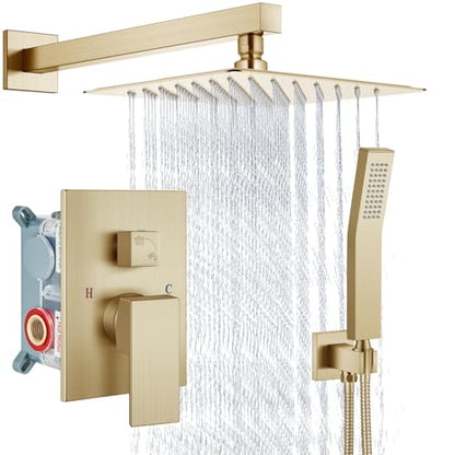 Aolemi Shower Faucet Set with Handheld Brushed Gold 8 Inch Head | Pressure Balance Shower Valve and Trim Kit,SUS304 Rain Head and Handle System,All Metal,Wall Mount,Bathroom,Handheld Spray - color: Gold, size: 8 Inch Wall Mount Shower Head
