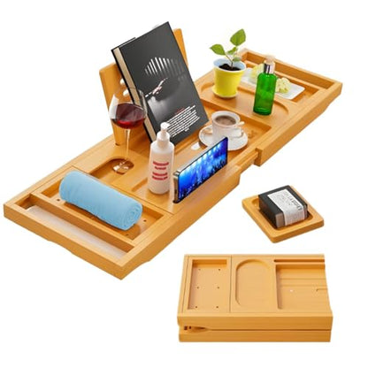 Bamboo Bathtub Caddy Tray Expandable & Foldable Bath Shelf with Book, Tablet & Wine Holder Adjustable Wooden Bath Tray for Relaxing Spa at Home – Fits Most Tub Sizes. - color: Bamboo