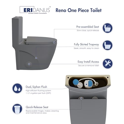 Elongated One Piece Toilet, ADA Dual Flush 1.1/1.6 GPF, Dark Gray | ADA 17" chair height, Powerful siphon dual flush, 12" rough-in, Bathroom toilet bowl, comfort soft closing seat, Gray toilets - color: Dark Gray