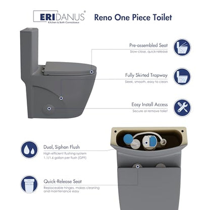 Elongated One Piece Toilet, ADA Dual Flush 1.1/1.6 GPF, Dark Gray | ADA 17" chair height, Powerful siphon dual flush, 12" rough-in, Bathroom toilet bowl, comfort soft closing seat, Gray toilets - color: Dark Gray