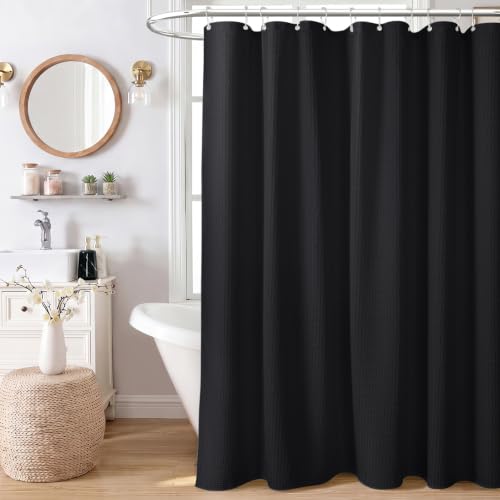 Extra Long Waffle Shower Curtain 256 GSM Fabric 72"x84" Black | 84 Inch Long, Thick Cloth, Weighted Hem, Water Repellent, Tall Hotel Luxury Polyester Shower Curtains for Bathroom 12 Hooks - color: Black, size: 72"W x 84"L (Pack of 1)