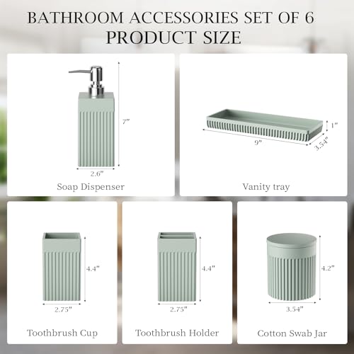 Bathroom Accessories Set, 6-Piece Resin Green Bathroom Set with Toothbrush Holders, Soap Dispenser, Vanity Tray, Tumbler, Cotton Swab Jars, Modern Bathroom Organizer for Small Spaces - color: Green