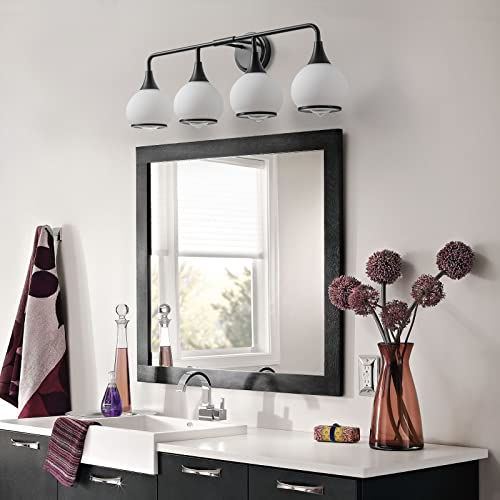 Black Bathroom Light Fixtures 4-Lights Vanity Lights with Milky White Frosted Glass Shade Bathroom Vanity Light 30.7 inch Wall Sconce Lighting Bath(Exclude E26 Bulb) - color: Black, size: 4 Light