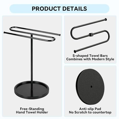 Free Standing Towel Rack for Bathroom Countertop - Upgraded S-Shaped Hand Towel Holder Stand, 14" Tall Rustproof Pedestal Towel Hanger for Vanity, Kitchen & RV, Heavy Duty Non-Slip Base, Black
