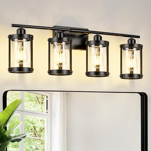 4-Light Black Bathroom Light Fixtures, 29 Inch Modern Bathroom Vanity Lighting Fixtures Over Mirror with Clear Glass and Metal Cage Wall Sconce Lights for Bath, E26, OS-3014BK-4W - color: Black + Clear Glass, size: 4-Light, 29" L