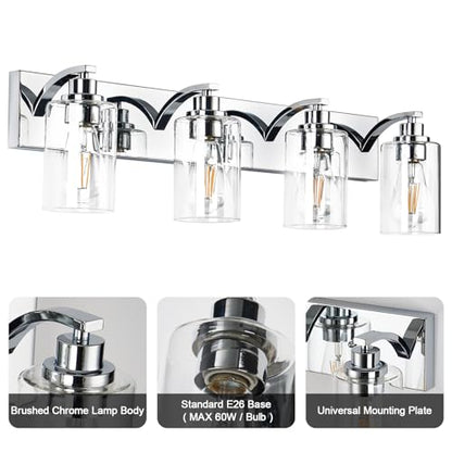4-Light Bathroom Light Fixtures Modern Chrome Vanity Lights | Easy to Install Clear Glass Shades, Wall Mount Up or Down, E26 Socket, Hardwired, 127V - color: Chrome, size: 4 Lights