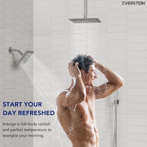 Ceiling Mount 12" High-Pressure Rainfall Shower Faucet, Dual Rainfall Shower Head System with Valve (Brushed Nickel) - color: Nickel, style: Ceiling Mount