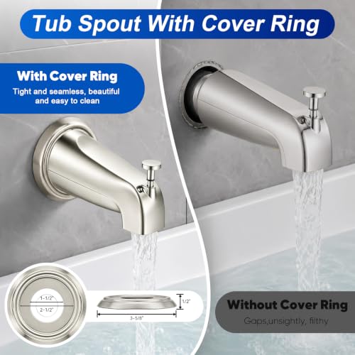 Universal Brushed Nickel Tub Spout with Diverter, Metal Cover and Adapter | Pull Down Bathroom Tub Faucet Replacement, for 1/2" Copper Pipe, 1/2" IPS & 3/4" IPS threaded, Bathtub Spout with Hex Wrench - color: Brushed Nickel