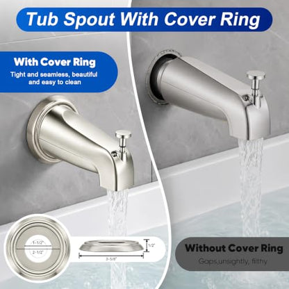 Universal Brushed Nickel Tub Spout with Diverter, Metal Cover and Adapter | Pull Down Bathroom Tub Faucet Replacement, for 1/2" Copper Pipe, 1/2" IPS & 3/4" IPS threaded, Bathtub Spout with Hex Wrench - color: Brushed Nickel