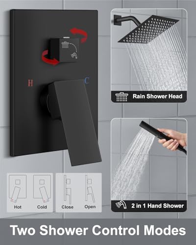 Aolemi Shower System with Rain Head and Handheld,8-Inch,Matte Black | High-Pressure Shower Faucet Set with Dual-Function Handheld,Rough-In Valve,1.8 GPM,Wall-Mount Trim Kit - color: Matte Black, size: 8 Inch