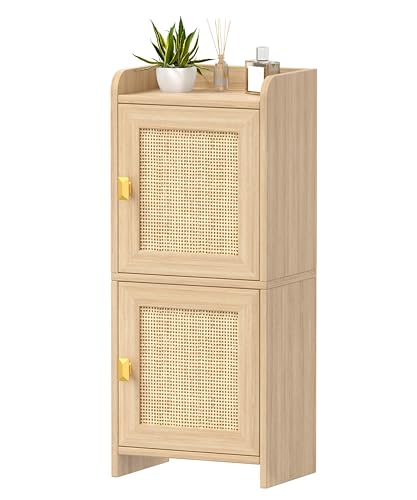 Akxomel Rattan Small Bathroom Cabinet Narrow Toilet Paper Organizer Oak | 7.9''D x 11.8''W Bathroom Organizer and Storage Cabinet for Small Space, Slim Corner Unit with Adjustable Shelf - color: Natural Oak, size: 7.9''D x 11.8''W x 27.6''H