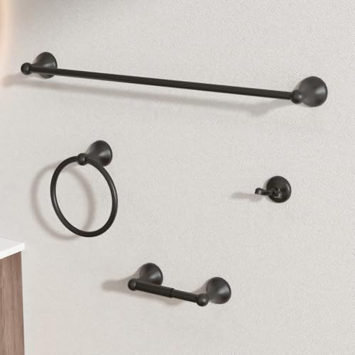 BGL Bathroom Accessory Set, Matte Black Adjustable Expandable Towel Bar 4-Piece Bathroom Hardware Set Wall Mounted Robe Hook Toilet Paper Holder Towel Ring Towel Bar - color: Matte Black