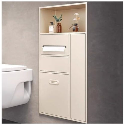 Recessed Bathroom Niche Cabinet, Stainless Steel Wall Mounted Bathroom Storage Organizer with Trash Can, Tissue Holder & Detachable Shelves, Waterproof Shower Niche Bathroom Shelf - color: White
