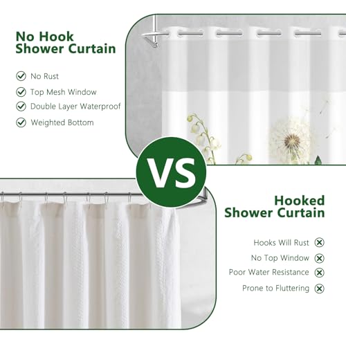 No Hook Shower Curtain and Liner, Farmhosue Machine Washable Waterproof Shower Curtain with Mesh Top Window and Weighted Hem, Spring Garden Floral Shower Curtains for Bathroom, 71" W x 74" L - color: Lush Greenery