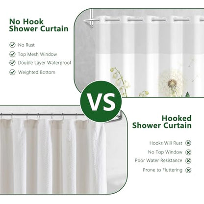 No Hook Shower Curtain and Liner, Farmhosue Machine Washable Waterproof Shower Curtain with Mesh Top Window and Weighted Hem, Spring Garden Floral Shower Curtains for Bathroom, 71" W x 74" L - color: Lush Greenery