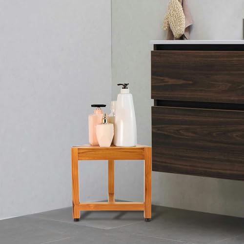 VaeFae Teak Wood Corner Shower Stool for Shaving Foot Rest, Small | Sturdy Design, Triangle Space-Saving Frame, Non-Slip Feet, Easy To Clean