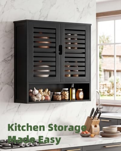 SMIBUY Bathroom Cabinet Wall Mounted, Bamboo Over-The-Toilet Storage Organizer, Space Saver Medicine Cabinet with 2 Door and Adjustable Shelves (Black) - color: Black