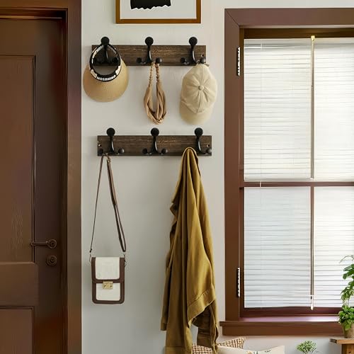WEBI Coat Rack Wall Mount,17" Solid Wood Coat Hooks Wall Mounted Coat Hanger,16" Hole to Hole,Heavy Duty Hook Rack Rail,3 Triple Hooks for Hanging Coats,Jacket,Clothes,Hat,Weathered Brown,2 Packs - color: Weathered Brown, size: 17 Inch(2 Pcs)