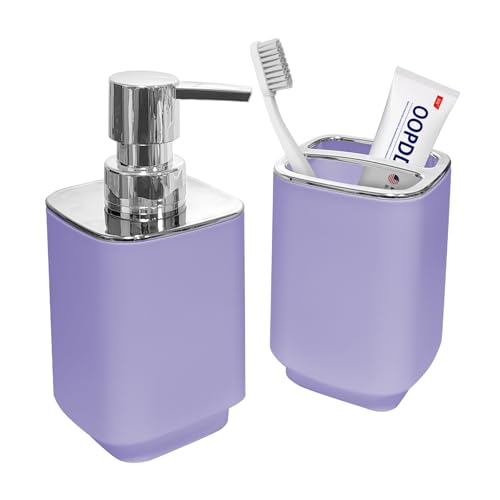 2Pcs Lavender Bathroom Set, Square Boho Soap & Toothbrush Holder Set | Thick shatterproof ABS, electroplated rust-proof pump, drip-free, multi-slot holder, dustproof lids, easy-clean - color: Lavender, size: 2PCS