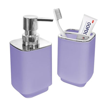 2Pcs Lavender Bathroom Set, Square Boho Soap & Toothbrush Holder Set | Thick shatterproof ABS, electroplated rust-proof pump, drip-free, multi-slot holder, dustproof lids, easy-clean - color: Lavender, size: 2PCS