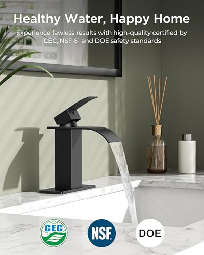 FORIOUS Bathroom Faucet 1 Hole, Waterfall Vanity Sink Faucet Matte Black | Bathroom Sink Faucet 1 or 3 Hole, Square Single Handle with 24" cUPC Supply Line and Pop-up Drain, Fits RV Restroom Basin - color: Matte Black