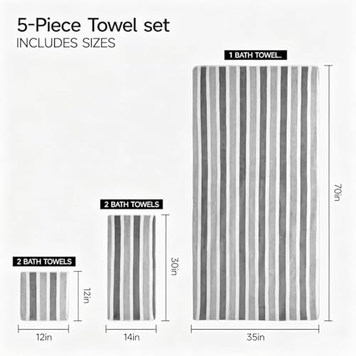 Premium 5-Piece Bath Towel Set | 100% Microfiber Ultra Soft & Quick Dry | Large Bath Towels, Hand Towels & Washcloths for Bathroom, Spa, Gym, | 1 Bath, 2 Hand, 2 Washcloths | Gray - color: Gray, size: 5 Pcs