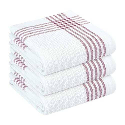 Burgundy and White Waffle Kitchen Towels 3 Pack, 100% Cotton, 16x26 Inch, Absorbent, Quick Dry, Durable Dishcloths for Wiping, Cleaning, Machine Washable, Kitchen, and Cooking Use - color: Burgundy Wine, White, style: 3 Pack