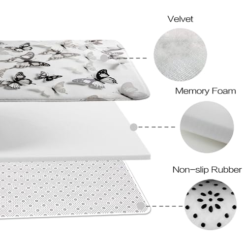 Cute Modern Butterfly Aesthetic Bathroom Rugs and Mats Sets 3 Piece, Memory Foam Bath Mat, U-Shaped Contour Shower Mat Non Slip Absorbent, Velvet Washable 20 x 31 inch Black and White - color: Color16
