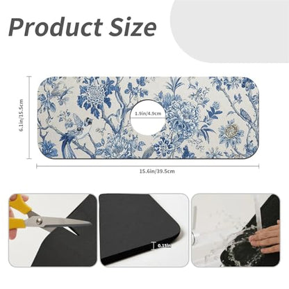 Kitchen Sink Splash Guard，Blue flowers and birds-1 Faucet Mat Sink Gadgets-Super Absorbent Fast Drying Mat Drip Catcher for Kitchen, Bathroom,Sink Mat, Dish Drying Mat, Bathroom(15" X 5.5" ) - color: Blue flowers and birds-1