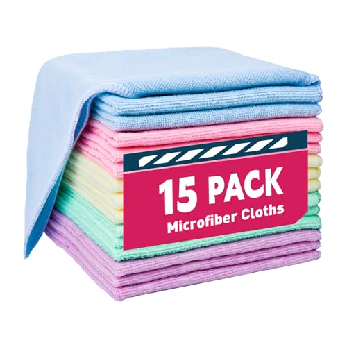 TEAWOO Microfiber Cleaning Cloths,5Color, 15 Pack, Cleaning Rags | Microfiber Towels for Cars, Home 5 Colors Assorted (12x12 inches) - color: 5 Colors, size: 15P