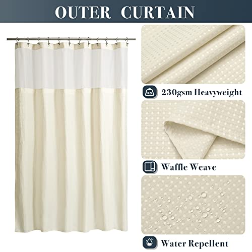 N&Y HOME Extra Long Waffle Shower Curtain with Snap-in Liner Cream, 71x84 | 12 Hooks & Snap on Fabric Liner, Washable, Mesh Window, Hotel Style, 84 inches Length Cream Shower Curtain Set for Bathroom - color: Cream, size: 71"W x 84"L (Pack of 1)
