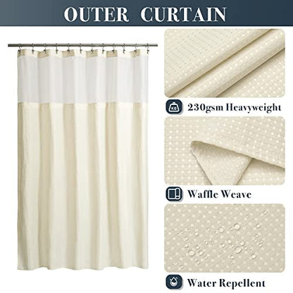 N&Y HOME Extra Long Waffle Shower Curtain with Snap-in Liner Cream, 71x84 | 12 Hooks & Snap on Fabric Liner, Washable, Mesh Window, Hotel Style, 84 inches Length Cream Shower Curtain Set for Bathroom - color: Cream, size: 71"W x 84"L (Pack of 1)