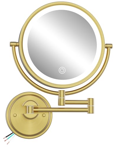 10" Brass Wall Mounted Makeup Mirror with Lights and Magnification 5X | Touch Dimmable 3 Color LED, 2 Sided 1/5X Magnifying Mirror, Cosmetic Vanity Mirror for Bathroom, Brushed Gold, Hardwired - color: Brushed Gold