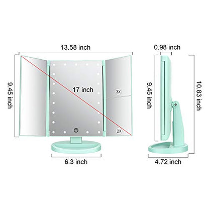 Tri-Fold Lighted Vanity Tabletop Mount Mirror with 21 LED Lights, Touch Screen and 3X/2X/1X Magnification, Two Power Supply Mode Make up Mirror,Travel Mirror - color: Green
