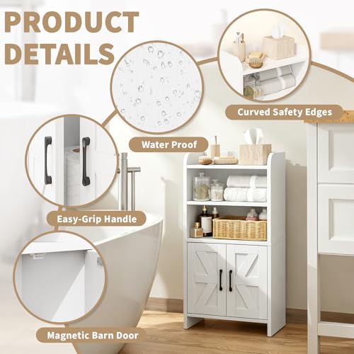 Small Bathroom Storage Cabinet, Farmhouse Freestanding Toilet Paper Storage with 2 Doors and Shelves, Slim Bathroom Storage Cabinet for Small Spaces, White, 7.9" D x 14.2" W x 29.5" H