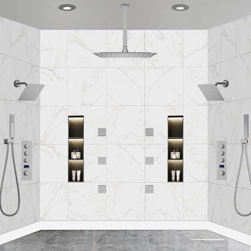 Dual Shower Mixer 6 Way Full Body Shower Head System Rain 12+8+8 Inch With Wall Mount 6 Pcs Jets 2 Handheld Shower Diverter Valve Digital Display Fauct Set, Brushed nickel - color: Brushed Nickel