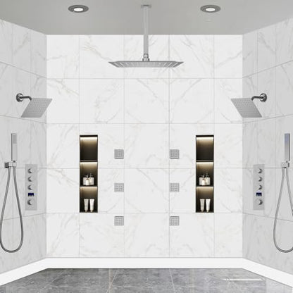 Dual Shower Mixer 6 Way Full Body Shower Head System Rain 12+8+8 Inch With Wall Mount 6 Pcs Jets 2 Handheld Shower Diverter Valve Digital Display Fauct Set, Brushed nickel - color: Brushed Nickel