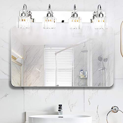 Ralbay Modern LED Crystal Bathroom Vanity Lights 4-Lights Stainless Steel Crystal Vanity Lights Over Mirror Modern Crystal Bathroom Vanity Lighting Fixtures - color: Round-Chrome, size: 4-light