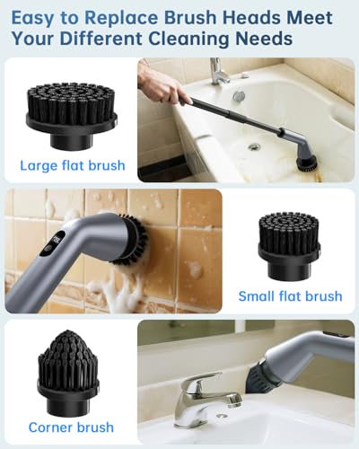 Electric Spin Scrubber, IPX7 Waterproof 2-Speed, Extendable Long Handle Cordless Cleaning Brush with 7 Replacement Brush Heads for Bathroom Shower Bathtub Glass Tub Tile Floor Car