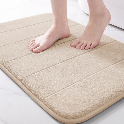 Yimobra Memory Foam Bath Mat, Soft Absorbent Bathroom Rug, 24x17, Beige | Non Slip Backing, Quick Dry, Machine Washable Bath Rug for Tub & Shower Areas, Durable Design That Complements Bathroom Decor - color: Beige, size: 24" X 17"