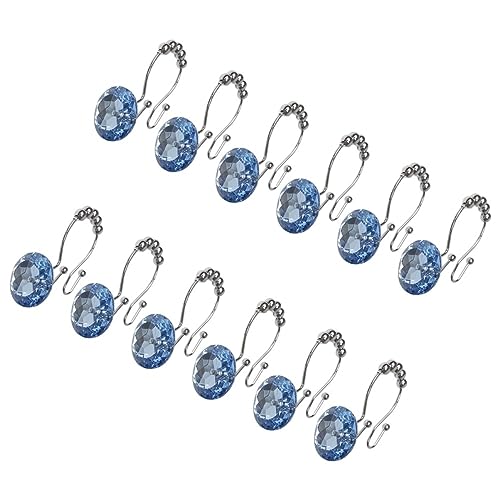 MAGICLULU Glide Double Hooks Shower Curtain Rings with Blue Rhinestone Decorative Crystal for Bathroom Secure Hold for Curtain and Liner Easy Swap Design