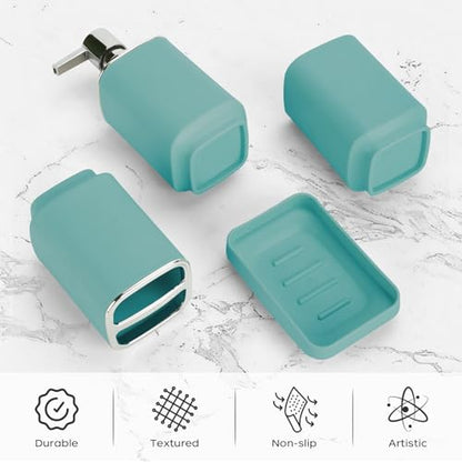 4Pcs Lake Blue Bathroom Set, Square Boho Soap & Toothbrush Holder Set | Thick shatterproof ABS, electroplated rust-proof pump, drip-free, multi-slot holder, dustproof lids, easy-clean - color: Lake Blue, size: 4PCS